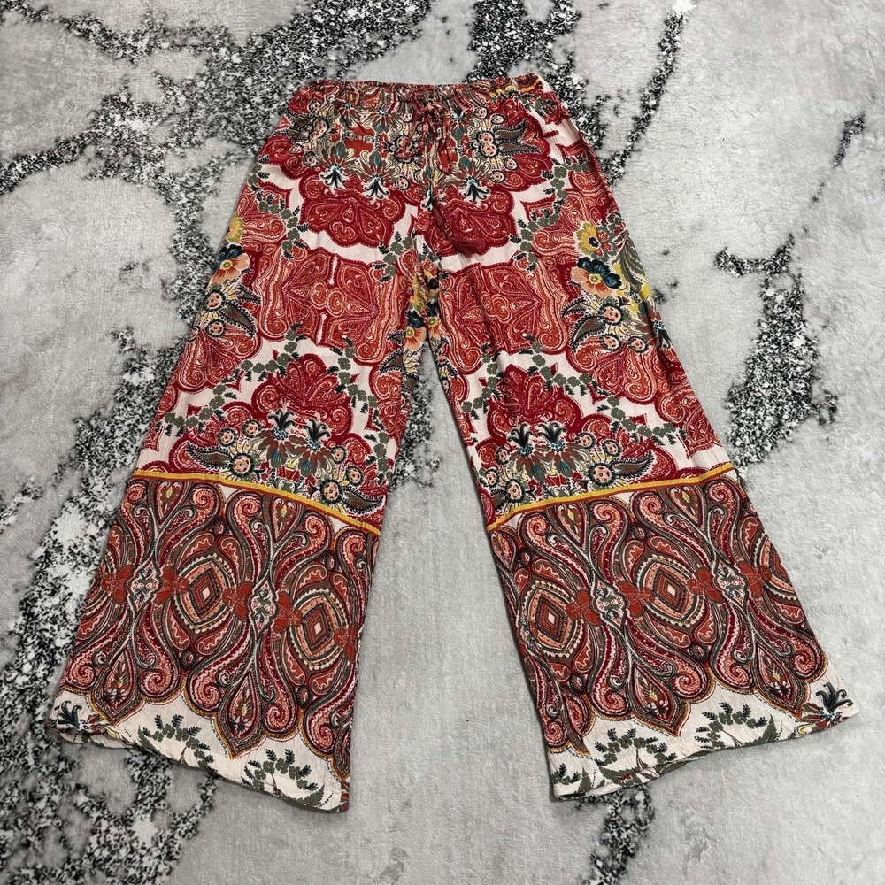 Angie Wide Leg Palazzo Pants Size L Red Paisley Floral Boho Rayon Drawstring